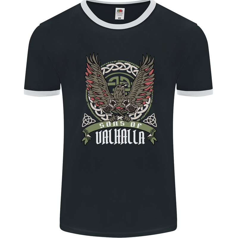 Sons of Valhalla Vikings Celtic Symbols Mens Ringer T-Shirt FotL Black/White