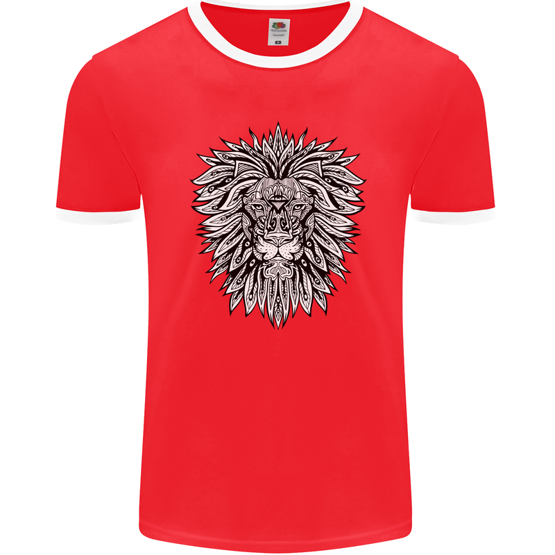 Lion Mandala Art Mens Ringer T-Shirt FotL Red/White