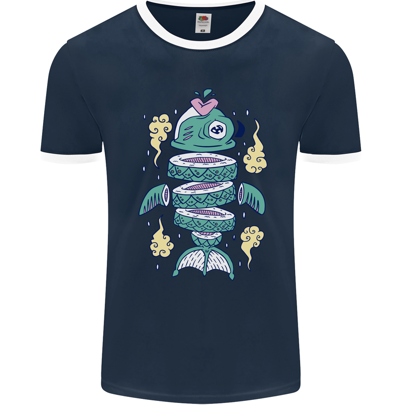 Funny Sliced Sushi Fish Fishing Fisherman Mens Ringer T-Shirt FotL Navy Blue/White