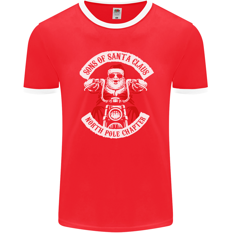 Sons of Santa Biker Motorcycle Christmas Mens Ringer T-Shirt FotL Red/White