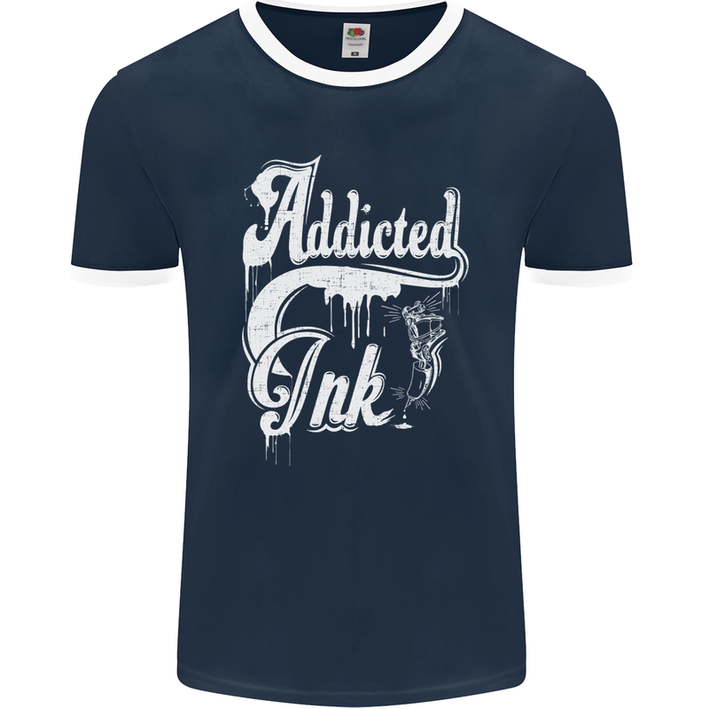 Addicted Ink Tattoo Tattooist Biker Art Mens Ringer T-Shirt FotL Navy Blue/White