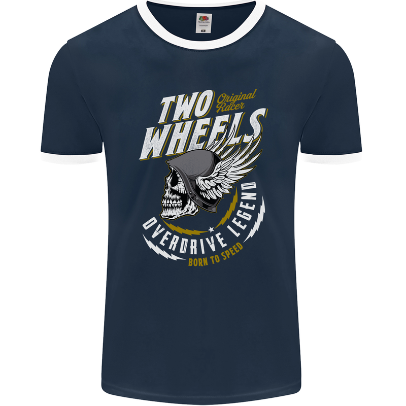 Two Wheels Motorcycle Motorbike Biker Mens Ringer T-Shirt FotL Navy Blue/White