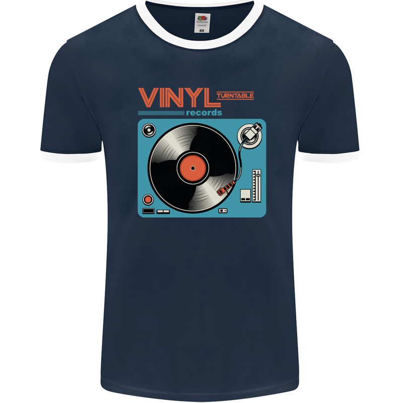 Retro Vinyl Records Turntable DJ Music Mens Ringer T-Shirt FotL Navy Blue/White