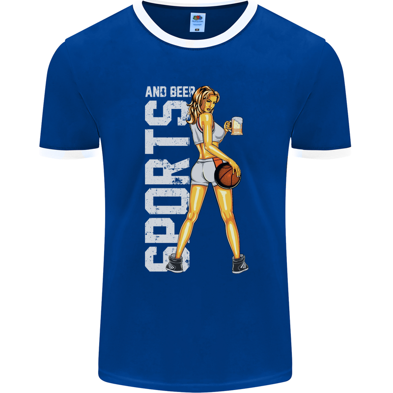 Basketball Sports & Beer Funny Mens Ringer T-Shirt FotL Royal Blue/White