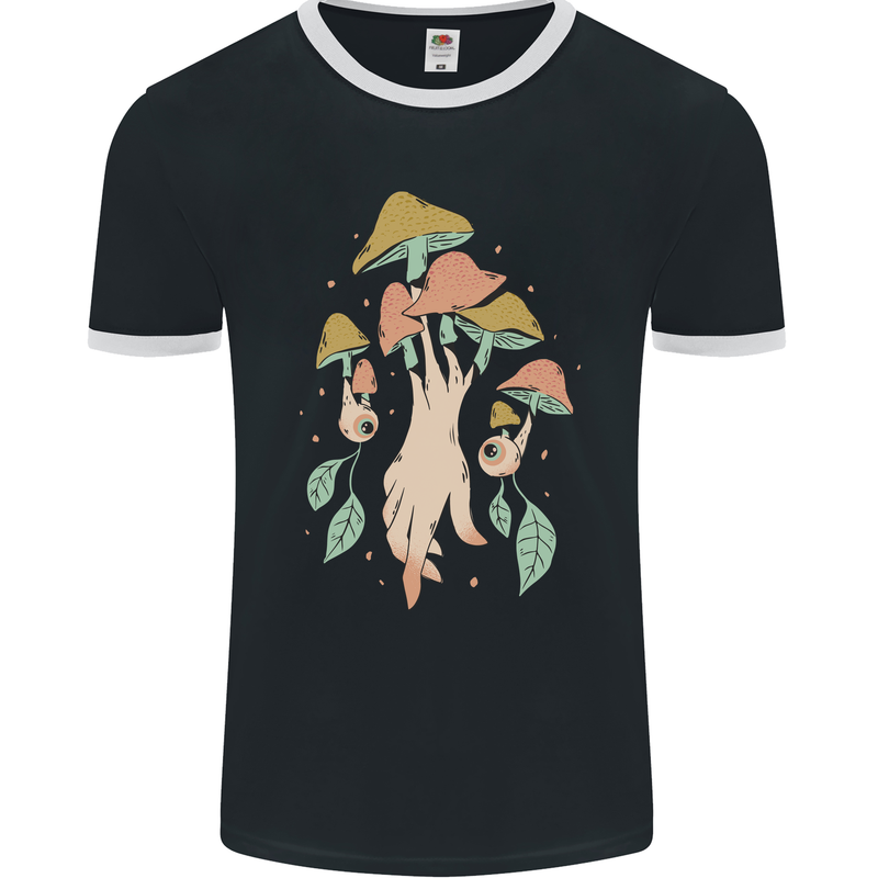 Trippy Magic Mushrooms With Eyes Mens Ringer T-Shirt FotL Black/White