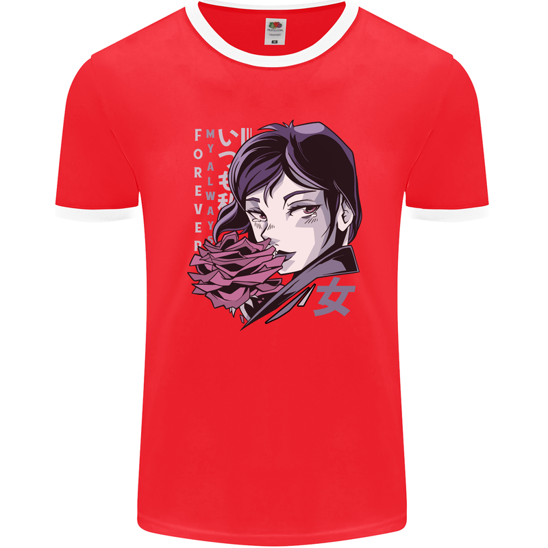 Anime Girl With Flowers Mens Ringer T-Shirt FotL Red/White