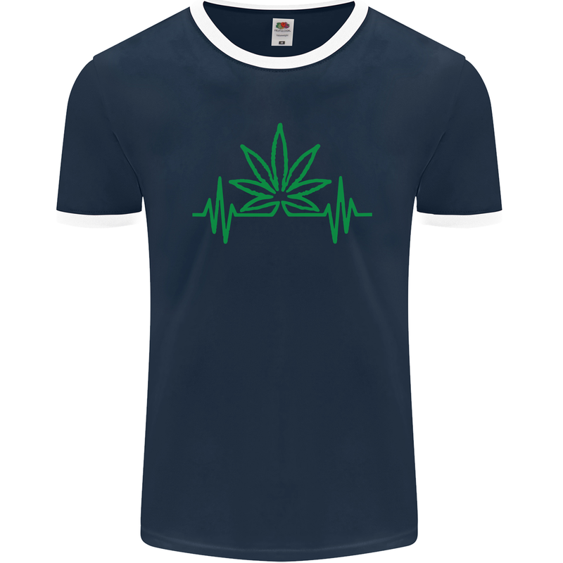 Weed Pulse Heart Cannabis Drugs ECG Mens Ringer T-Shirt FotL Navy Blue/White