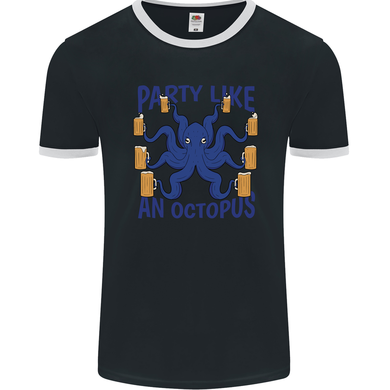 Beer Party Octopus Scuba Diving Diver Funny Mens Ringer T-Shirt FotL Black/White