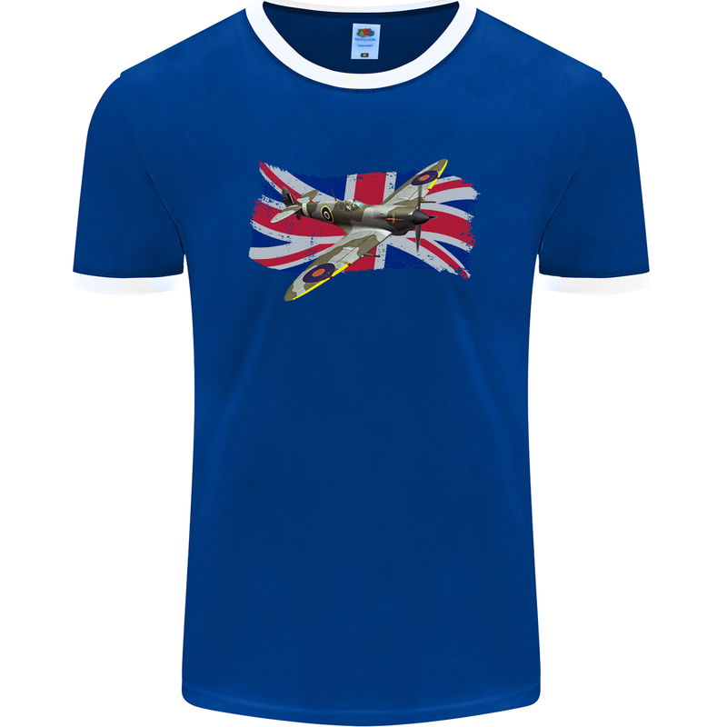 Supermarine Spitfire with the Union Jack Mens Ringer T-Shirt FotL Royal Blue/White