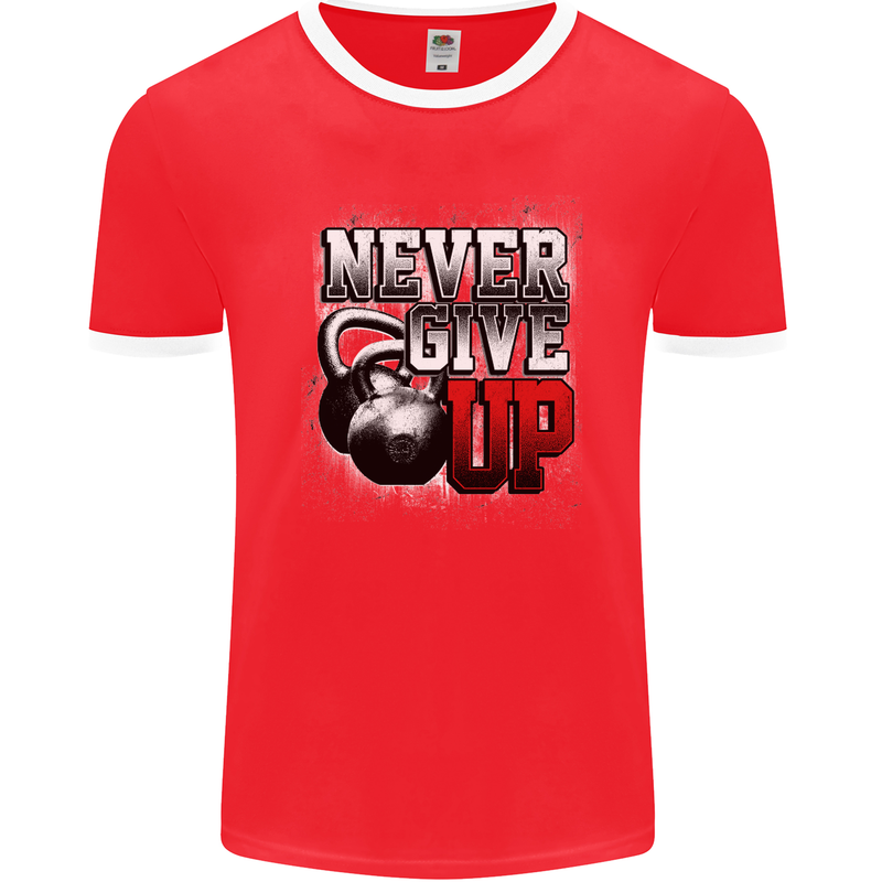 Never Give Up Gym Training Top Bodybuilding Mens Ringer T-Shirt FotL Red/White
