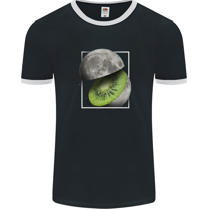 Kiwi Moon Space Planets Universe Mens Ringer T-Shirt FotL Black/White