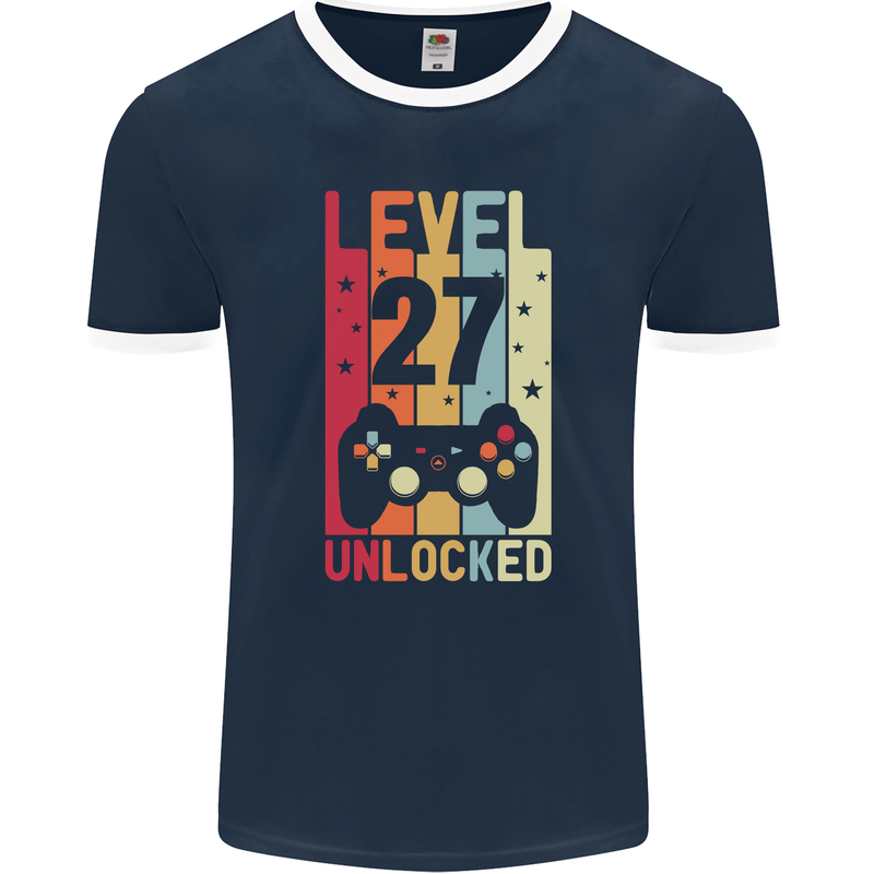 27th Birthday 27 Year Old Level Up Gamming Mens Ringer T-Shirt FotL Navy Blue/White