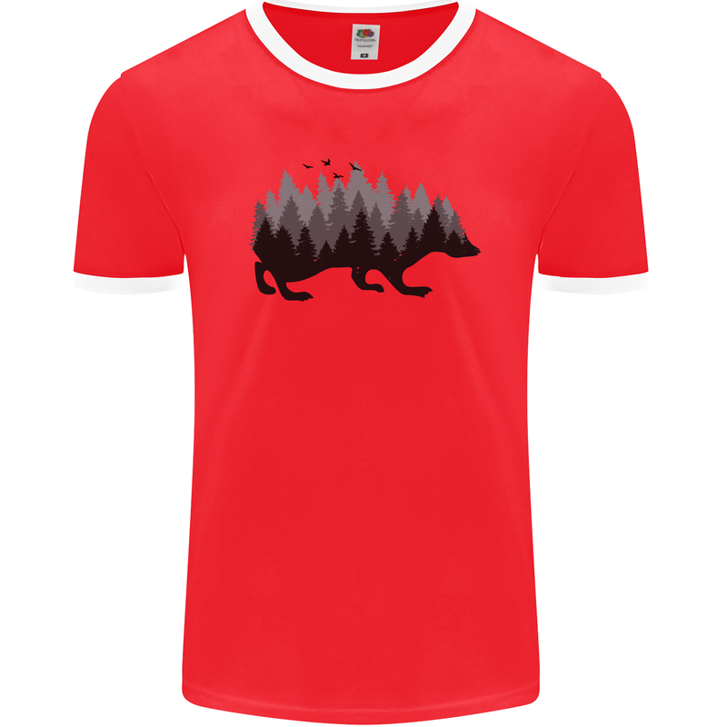 A Hedgehog Depicting a Forest Mens Ringer T-Shirt FotL Red/White