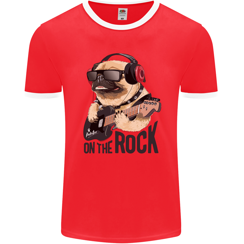 Rock n Roll Pug Funny Guitar Heavy Metal Mens Ringer T-Shirt FotL Red/White