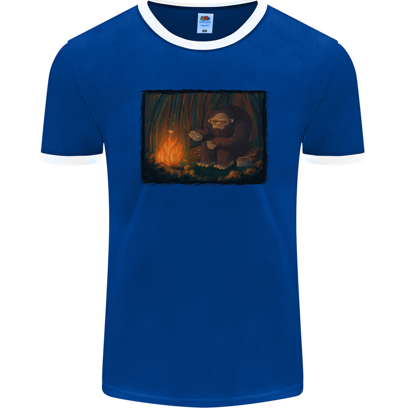 Bigfoot Camping and Cooking Marshmallows Mens Ringer T-Shirt FotL Royal Blue/White