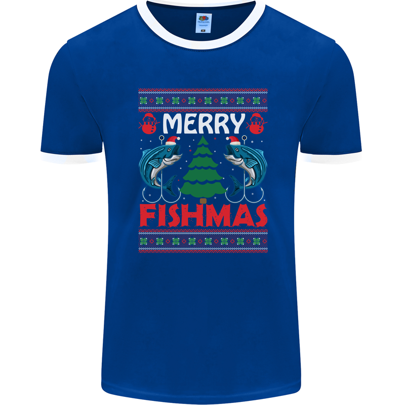Merry Fishmas Funny Christmas Fishing Mens Ringer T-Shirt FotL Royal Blue/White