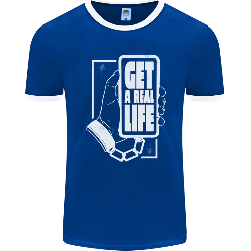 Get a Real Life Antisocial Phone Addict Mens Ringer T-Shirt FotL Royal Blue/White