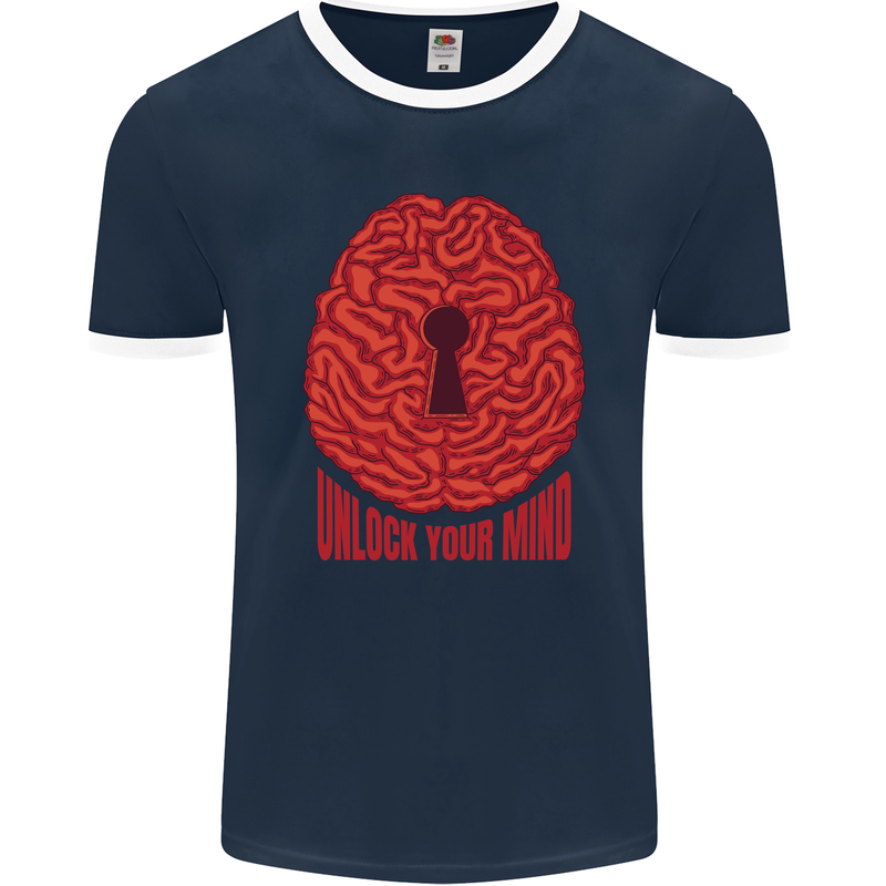 Unlock Your Mind Intelligence Psychology Mens Ringer T-Shirt FotL Navy Blue/White