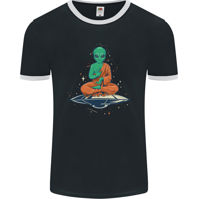 Meditating Alien UFO Yoga Mens Ringer T-Shirt FotL Black/White
