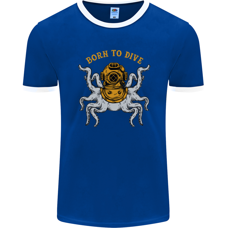 Born to Dive Octopus Scuba Diving Diver Mens Ringer T-Shirt FotL Royal Blue/White