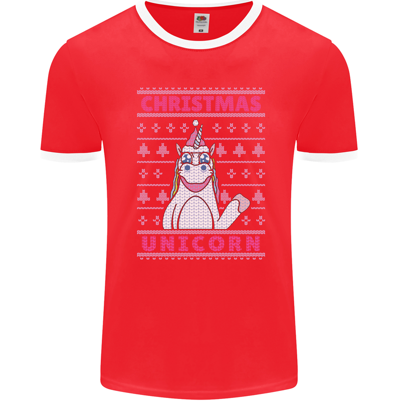 Funny Christmas Unicorn Mens Ringer T-Shirt FotL Red/White