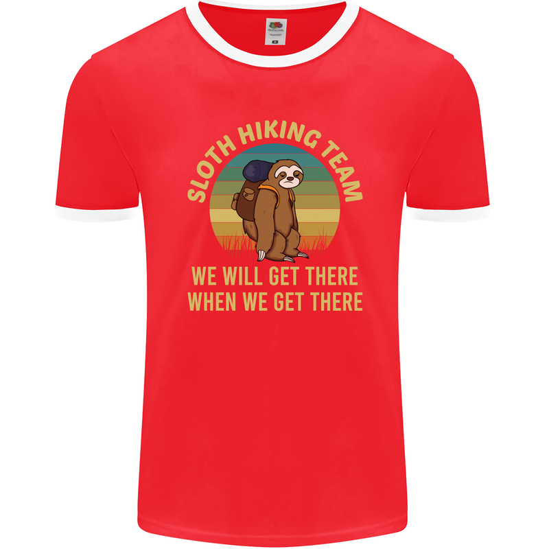 Sloth Hiking Team Funny Trekking Walking Mens Ringer T-Shirt FotL Red/White