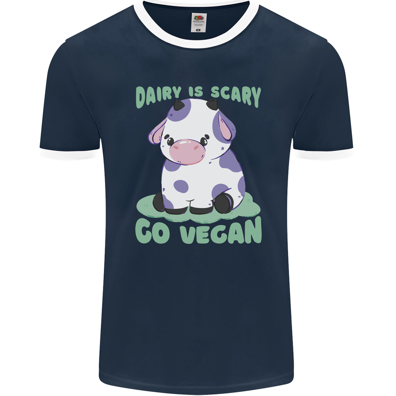 Dairy Is Scary Go Vegan Funny Mens Ringer T-Shirt FotL Navy Blue/White