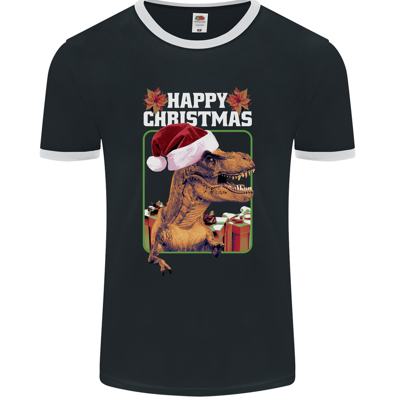 Christmas T-Rex Funny Dinosaur Mens Ringer T-Shirt FotL Black/White