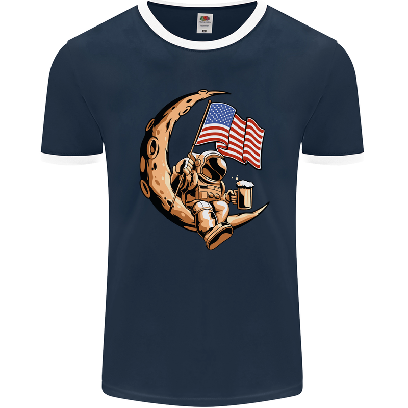 Beer Moon USA Flag Astronaut Space Alcohol Mens Ringer T-Shirt FotL Navy Blue/White