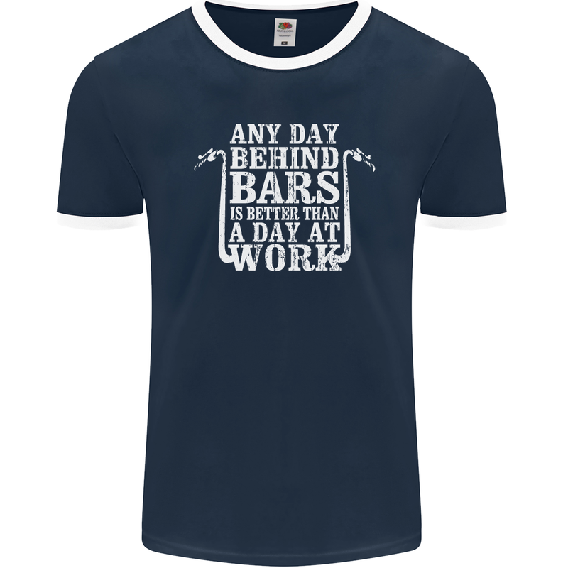 Behind Bars Motorcycle Motorbike Biker Mens Ringer T-Shirt FotL Navy Blue/White