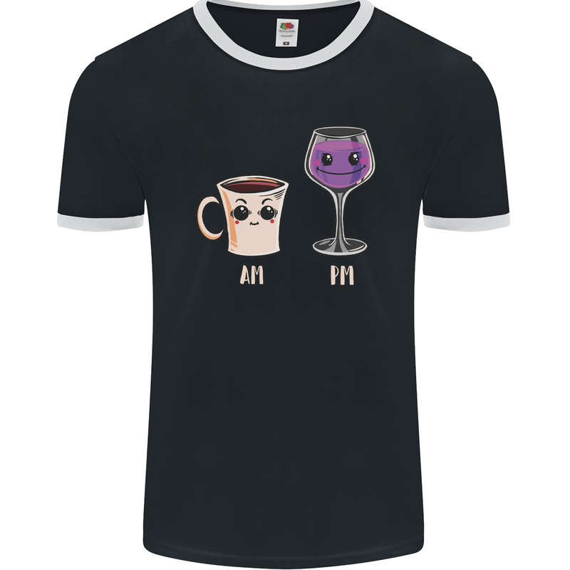 Coffee am Wine pm Funny Alcohol Prosecco Mens Ringer T-Shirt FotL Black/White