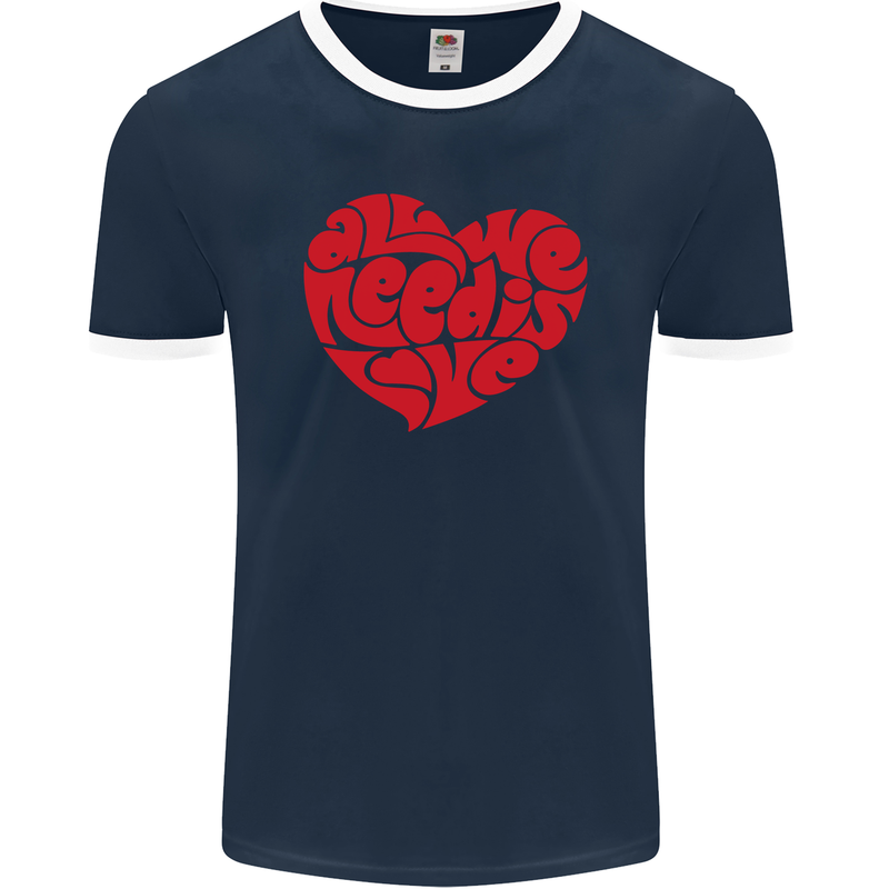 All You Need Is Love Heart Peace Mens Ringer T-Shirt FotL Navy Blue/White