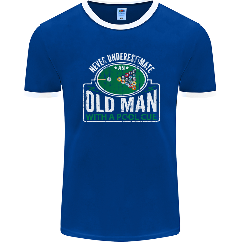 An Old Man With a Pool Cue Player Funny Mens Ringer T-Shirt FotL Royal Blue/White