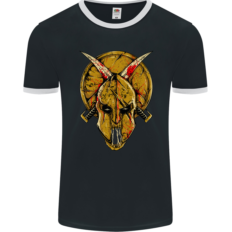 Spartan Skull Helmet Gym MMA Martial Arts Mens Ringer T-Shirt FotL Black/White