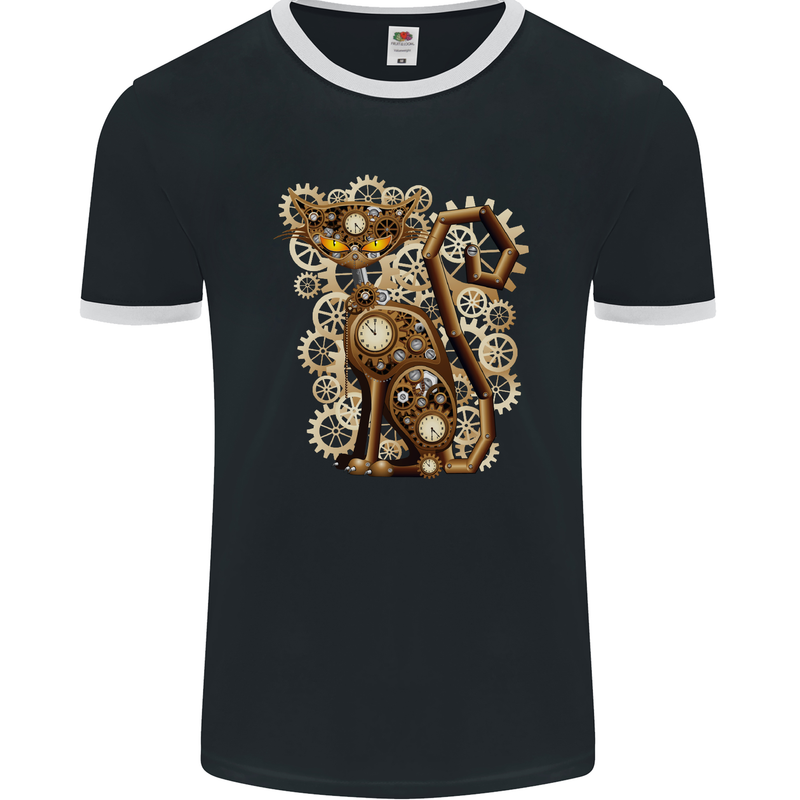 Steampunk Cat Mens Ringer T-Shirt FotL Black/White