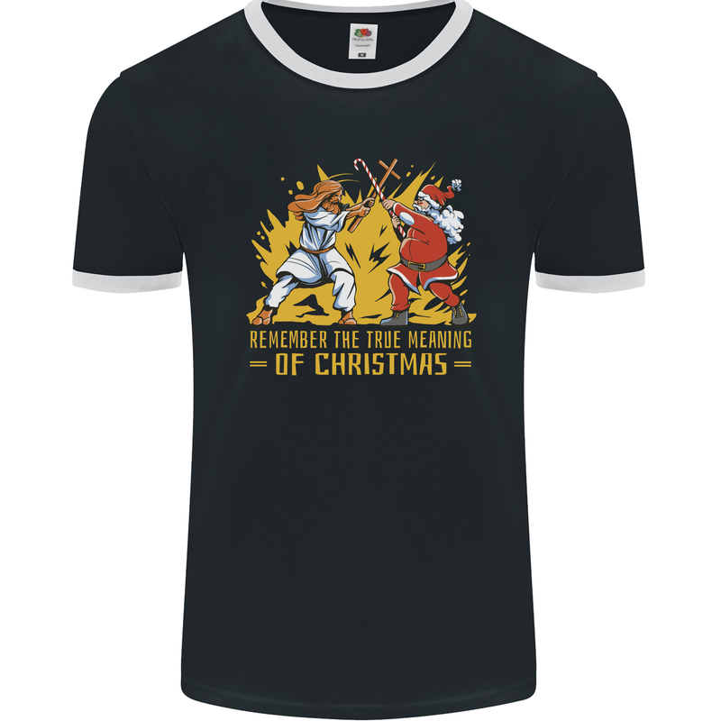 Santa vs Jesus Funny Christmas Xmas Mens Ringer T-Shirt FotL Black/White