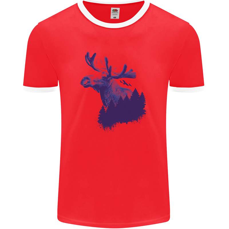 Moose Forest Ecology Environment Mens White Ringer T-Shirt Red/White