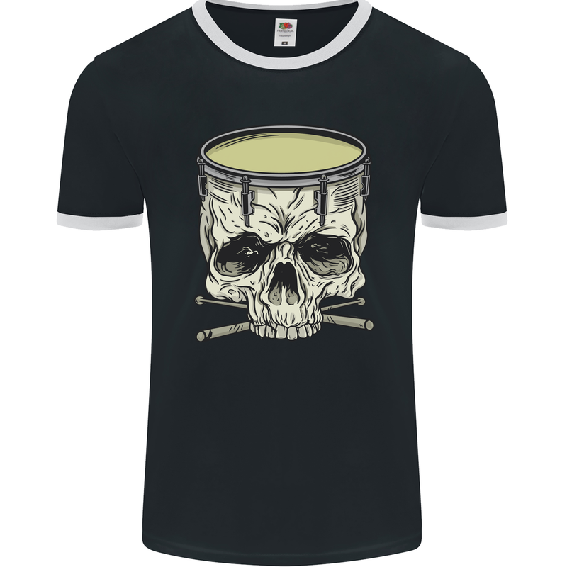 Skull Snare Drum Drummer Drumming Mens Ringer T-Shirt FotL Black/White