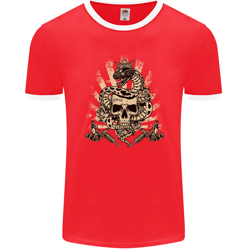 Tattoo Skull Snake Tattooist Biker Gothic Mens Ringer T-Shirt FotL Red/White