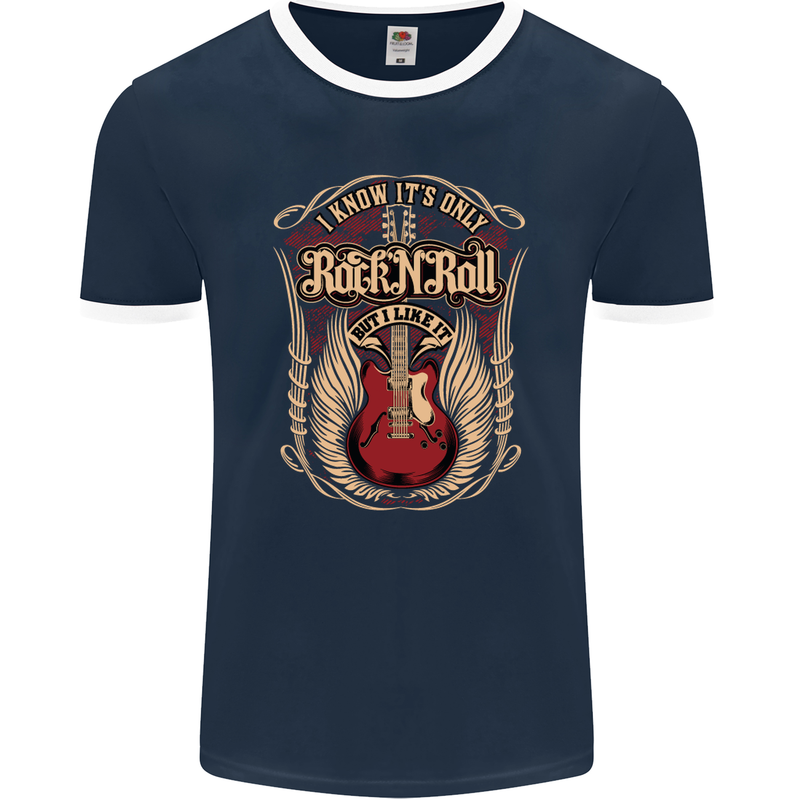 I Know It’s Only Rock ’n’ Roll Music Guitar Mens Ringer T-Shirt FotL Navy Blue/White