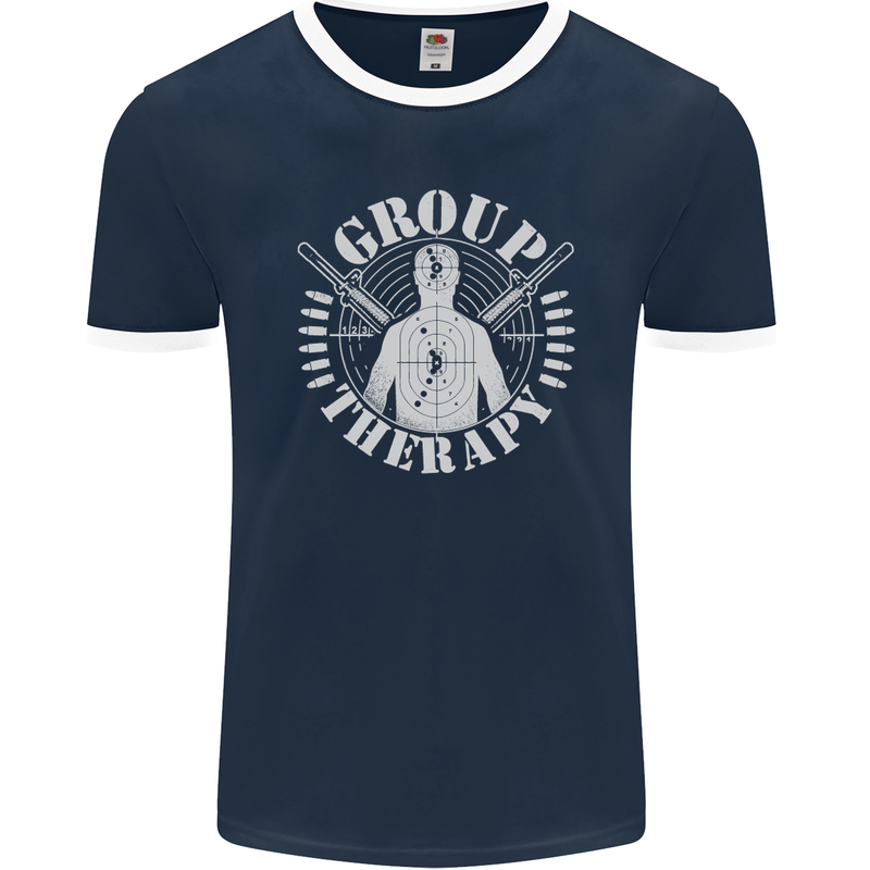 Group Therapy Shooting Hunting Rifle Funny Mens Ringer T-Shirt FotL Navy Blue/White