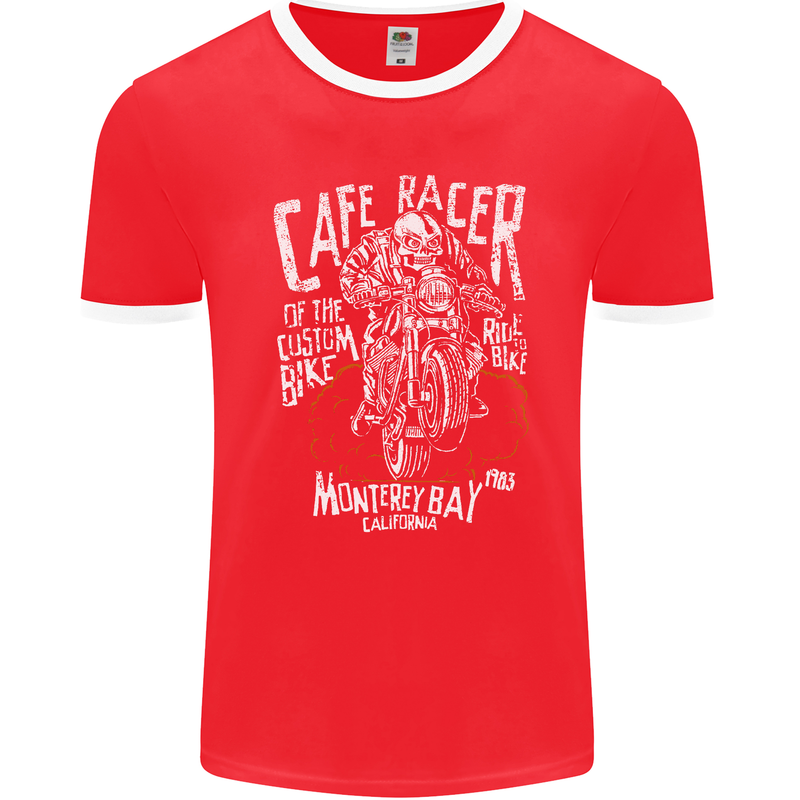 Cafe Racer Skull Motorcycle Biker Motorbike Mens Ringer T-Shirt FotL Red/White