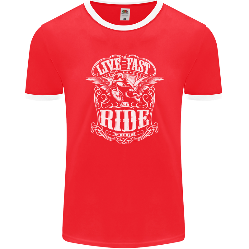 Live Fast Ride Free Motorcycle Biker Mens Ringer T-Shirt FotL Red/White