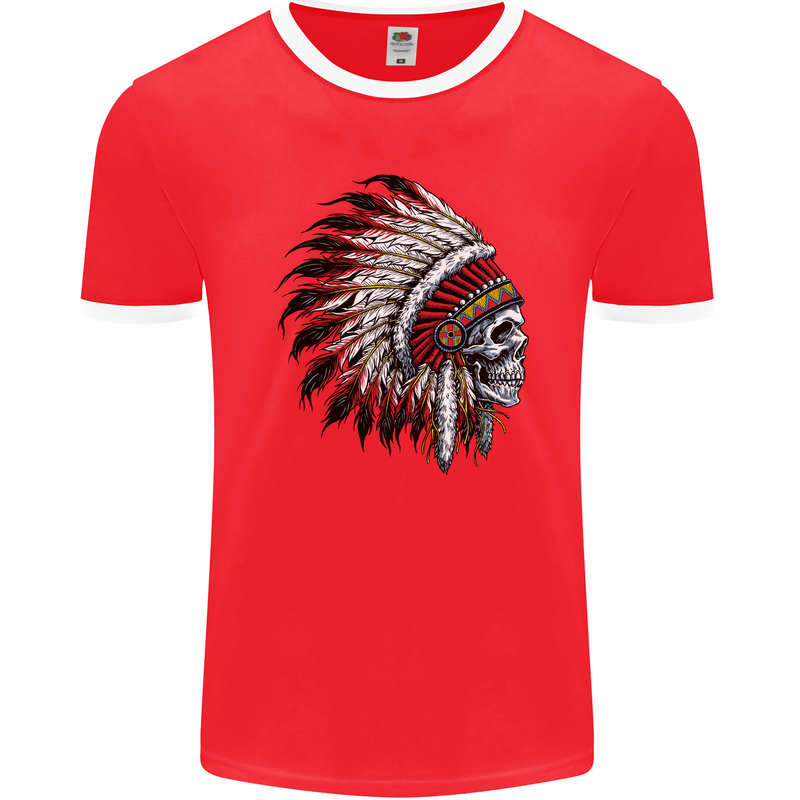 Indian Skull Headdress Biker Motorbike Mens Ringer T-Shirt FotL Red/White