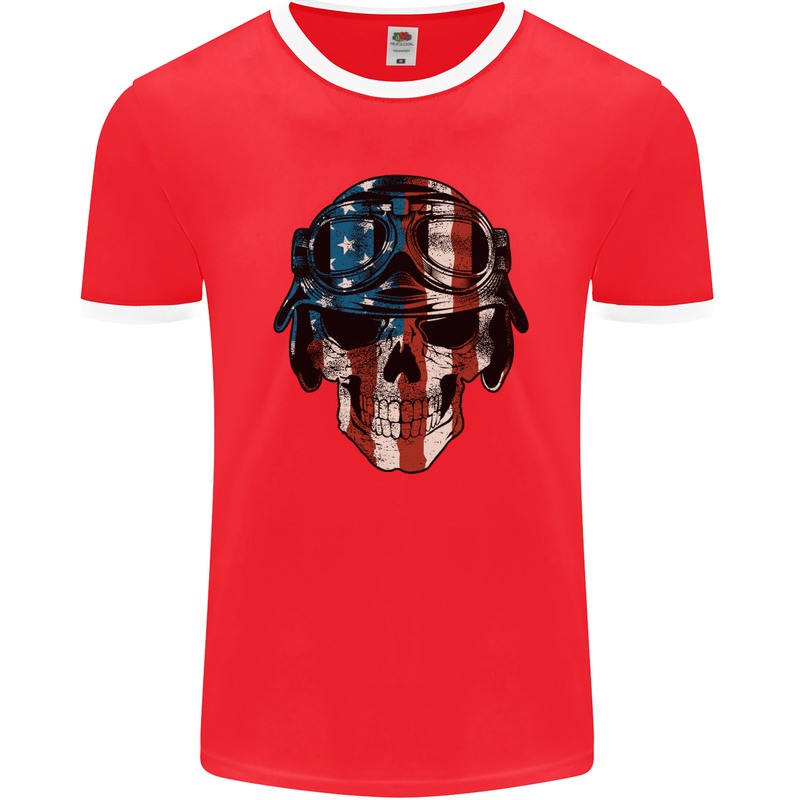 USA Flag Biker Skull Motorcycle Motorbike Mens Ringer T-Shirt FotL Red/White