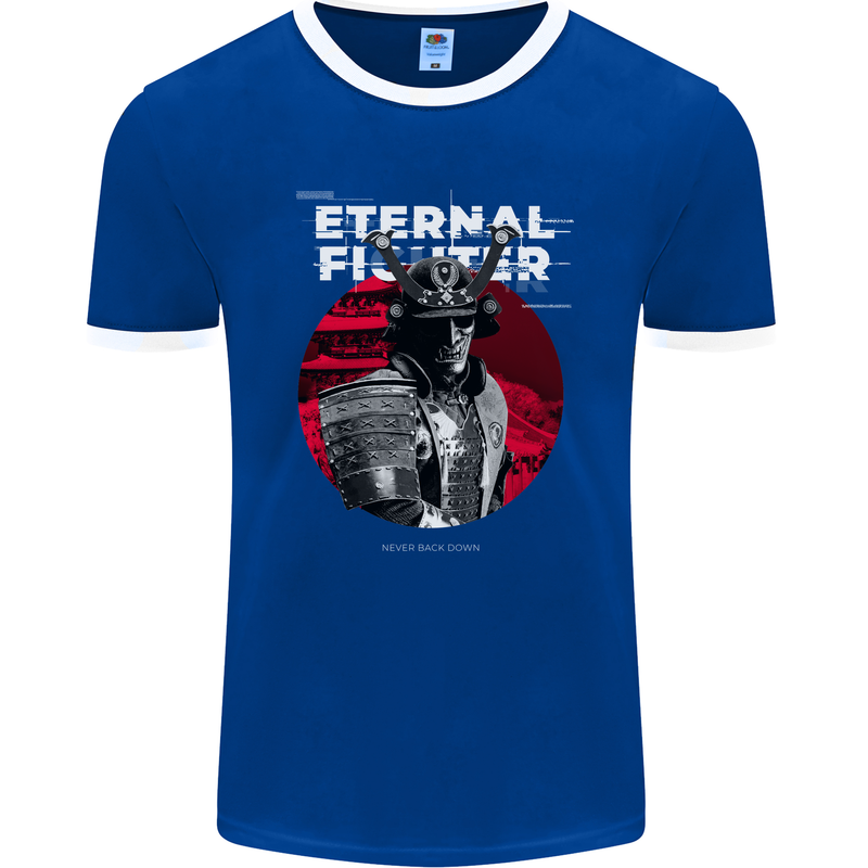 Samurai Fighter Skull MMA Mixed Martial Arts Mens Ringer T-Shirt FotL Royal Blue/White