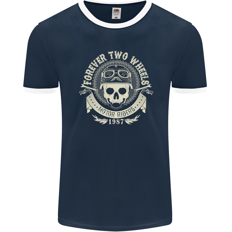 Forever Two Wheels Motorbike Biker Mens Ringer T-Shirt FotL Navy Blue/White