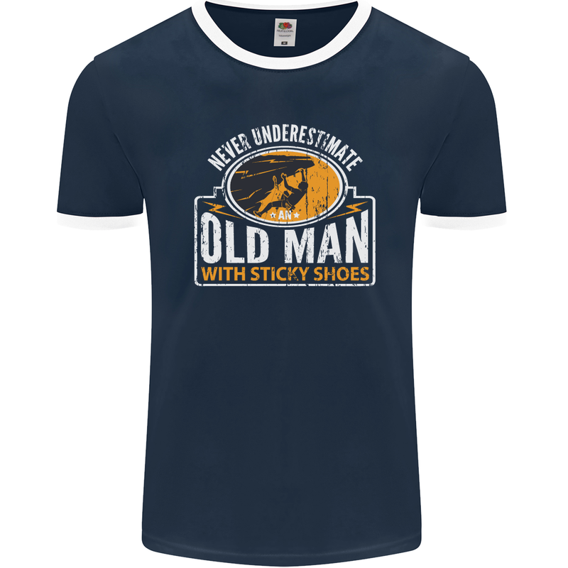 Old Man With Sticky Shoes Climbing Climber Mens Ringer T-Shirt FotL Navy Blue/White