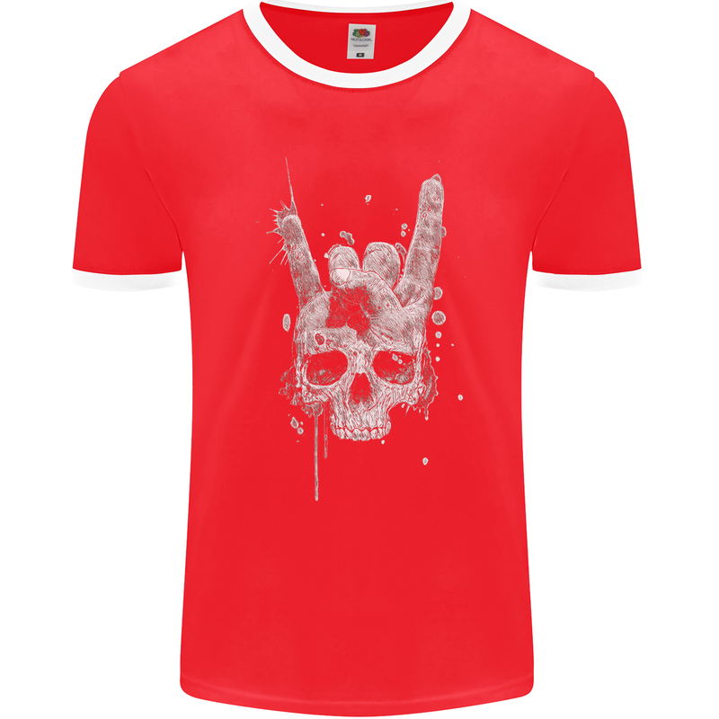 Rock n Roll Music Salute Skull Biker Gothic Mens Ringer T-Shirt FotL Red/White