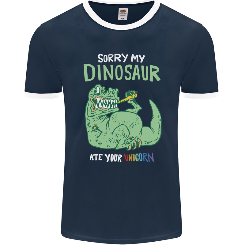 My Dinosaur Ate Your Unicorn Funny T-Rex Mens Ringer T-Shirt FotL Navy Blue/White